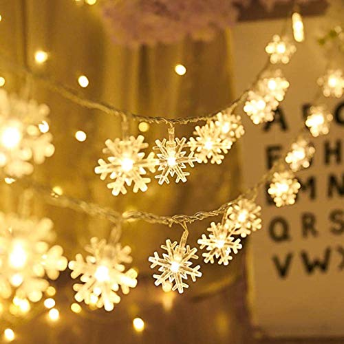 Luces de hadas de copo de nieve, 2 m, 40 luces LED monocromáticas, impermeable IP44, funciona con pilas, decoración para árbol de Navidad mantel interior y exterior