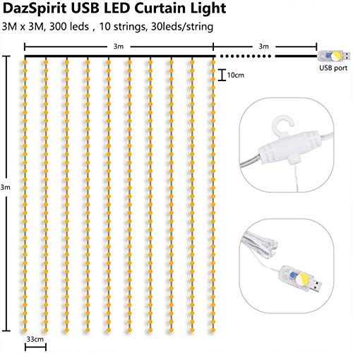 Luces LED Cadena de Cortina, DazSpirit luces decorativas de ventana de 3M*3M, Blanco Cálido, 3000 LEDs USB 8 Modos y Resistencia al agua, Para Exteriores, Interiores, Navidad, Dormitorios, Techos