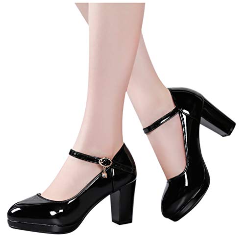 Luckycat Zapatos de Tacón Alto Ancho Plataforma para Mujer Invierno Primavera 2019 Zapatos Tacón Grueso Cuña Fiesta Elegantes Vestir Calzado de Trabajo de Piel Cuña Negros con Hebilla