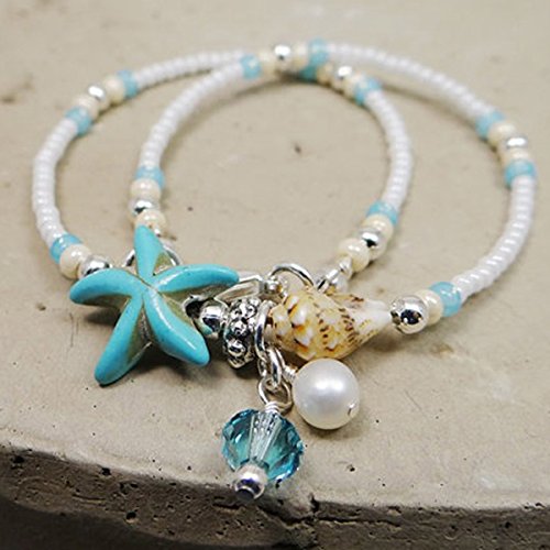 LUOEM Pulsera de Tobillo con Conchas Estrellas Perlas Ajustable Reglo Ideal para Mujeres Niños (Plateado)