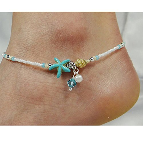 LUOEM Pulsera de Tobillo con Conchas Estrellas Perlas Ajustable Reglo Ideal para Mujeres Niños (Plateado)