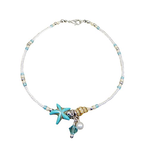 LUOEM Pulsera de Tobillo con Conchas Estrellas Perlas Ajustable Reglo Ideal para Mujeres Niños (Plateado)