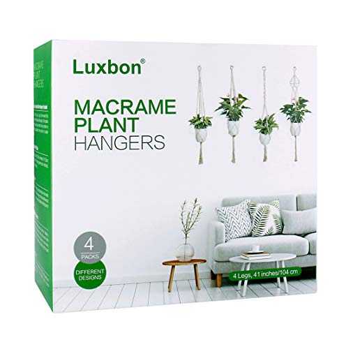 Luxbon 4Pcs Macramé Planta Percha Maceta Colgantes Titular de la Planta Suspensión Colgador para Plantas para Interior Jardín Hogar Decoracion- 4 Patas, 104cm, Blanco