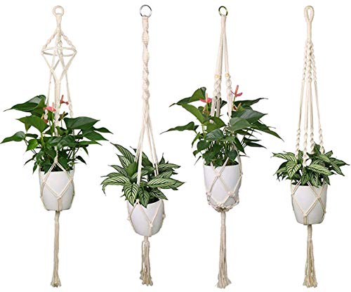 Luxbon 4Pcs Macramé Planta Percha Maceta Colgantes Titular de la Planta Suspensión Colgador para Plantas para Interior Jardín Hogar Decoracion- 4 Patas, 104cm, Blanco