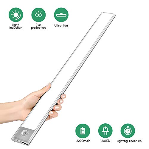 Luz Armario con Sensor de Movimiento, 120 LED Luz Recargable USB Para Armario, Luces Nocturnas Ultrafinas Desmontables con Batería Para Mostrador, Armario, Cocina, Pasillo, Escaleras, Pared (60.5cm)