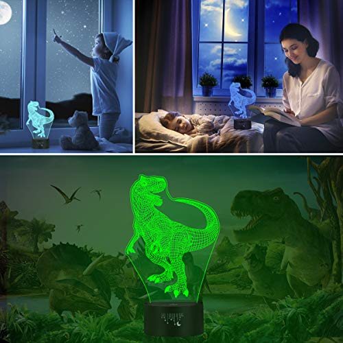 Luz de la Noche del Dinosaurio 3D, LED Lámpara de Mesa de Cabecera 7 colores Cambiando con el Botón de Tacto Inteligente Iluminación decoración Dormir Lámpara, Regalos Perfectos para Niños Navidad