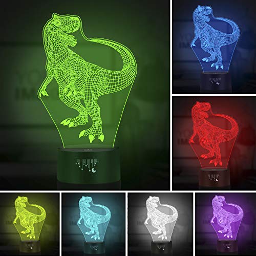 Luz de la Noche del Dinosaurio 3D, LED Lámpara de Mesa de Cabecera 7 colores Cambiando con el Botón de Tacto Inteligente Iluminación decoración Dormir Lámpara, Regalos Perfectos para Niños Navidad