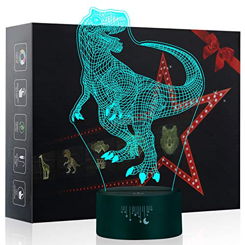 Luz de la Noche del Dinosaurio 3D, LED Lámpara de Mesa de Cabecera 7 colores Cambiando con el Botón de Tacto Inteligente Iluminación decoración Dormir Lámpara, Regalos Perfectos para Niños Navidad