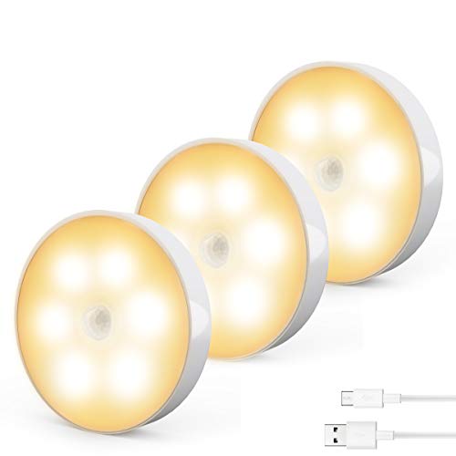 Luz Nocturna, Cadrim Luces Armario LED con Sensor Movimiento Recargable USB (3 pack), luz de Armario/Gabinete, Lámpara Nocturna LED Inalámbrica para Cocina, Vitrina, Tocador, Pasillo, Escalera etc