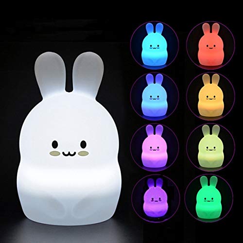 Luz Nocturna Infantil Tekemai, Luz de Noche Bebé, Lámpara de Mesa, lámpara de cabecera,9 colores cambiando/USB recargable/control remoto y táctil regulable,Navidad y regalos de cumpleaños - Conejo