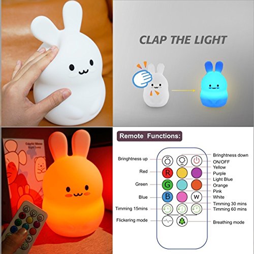 Luz Nocturna Infantil Tekemai, Luz de Noche Bebé, Lámpara de Mesa, lámpara de cabecera,9 colores cambiando/USB recargable/control remoto y táctil regulable,Navidad y regalos de cumpleaños - Conejo