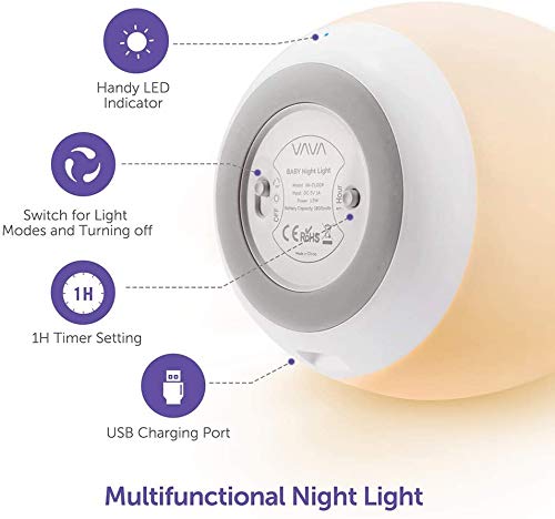 Luz Nocturna Infantil VAVA, Lámpara LED para Niños, 8 Color Cambiante, Control Táctil, Temporizador, Función de Memoria, Modo Nocturna, Cuidado Ojos, Seguro, Regalo para bebé, Niño