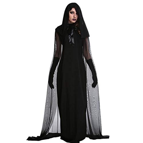 LXJ De Halloween, apoyos del Partido de Halloween, Decoraciones, 1 Set Mujer Bruja de Halloween más tamaño Traje Largo Vestido de otoño Invierno Vestidos Negros (con Gorro y Guantes)