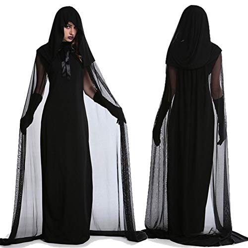 LXJ De Halloween, apoyos del Partido de Halloween, Decoraciones, 1 Set Mujer Bruja de Halloween más tamaño Traje Largo Vestido de otoño Invierno Vestidos Negros (con Gorro y Guantes)