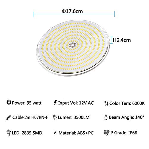 LyLmLe Foco LED Piscina Relleno de Resin, PAR56 35W Lámpara(equivalente 300W halógena bombilla), 3500lm,Ángulo de haz de 140 °,IP68 Impermeable, 12V AC/DC, 6000K