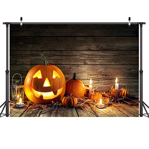 LYWYGG 7x5FT Fondo de Fotografía de Halloween Tablero de Madera Marrón Fondo Vela Linterna de Calabaza Fondo de Fotografía Decoración de Halloween Fiesta de Halloween Accesorios de Fotografía CP-276