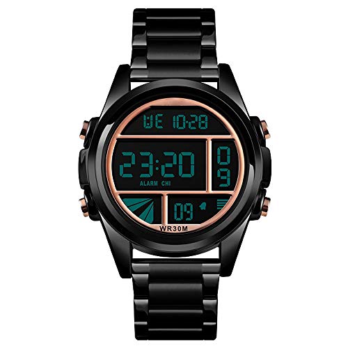 LZRDZSW Reloj de múltiples funciones de los deportes de los hombres del reloj impermeable del acero electrónico cadena de reloj de alarma Mes de visualización del reloj, ligero, sencillo, informal Ade