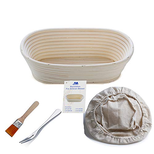 M JINGMEI Banneton Pruebas Cesta 10"Oval Banneton Brotform Cuenco de ratán para Masa de Pan y Cepillo [Libre] Borradores de Aumento(hasta 750g) + Free Liner + Libre Pan Horquilla