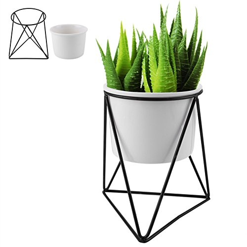 Maceta, Soportes de Marco de Hierro Macetas de Cerámica Floreros Envases de Macetas de Estilo Simple Interior Moderno decoración de Hogar Al Aire Libre Envases de Plantas(Maceta Blanca + Marco Negro)