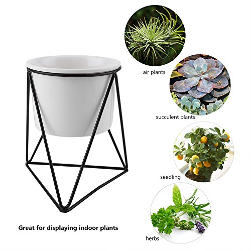 Maceta, Soportes de Marco de Hierro Macetas de Cerámica Floreros Envases de Macetas de Estilo Simple Interior Moderno decoración de Hogar Al Aire Libre Envases de Plantas(Maceta Blanca + Marco Negro)