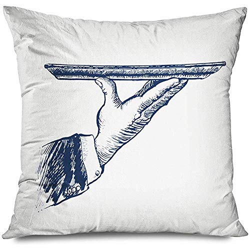 Mackinto Funda de Almohada Cuadrado Decorativo 18x18 Mayordomo Camarero de Mano Sosteniendo Bandeja de Plata vacía Alimentos Bebidas Catering Hospitalidad Cloche Vintage Sketch