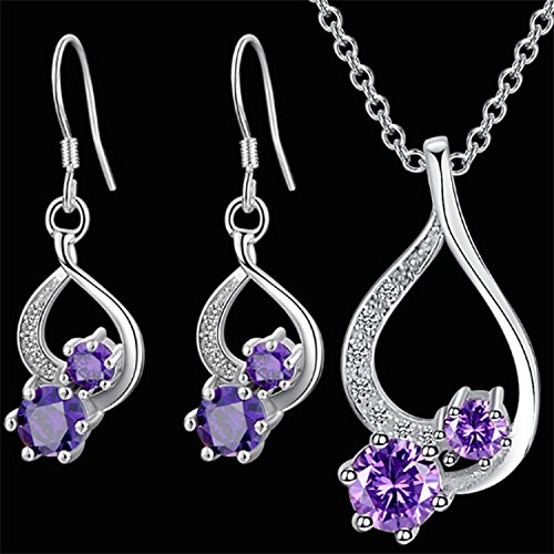 Majesto Juego de Joyas - 925 Plata esterlina Conjunto Colgante de Collar y Pendientes corazón Morado Cristal para Mujer Adolescente niña pequeña mamá - Accesorio de joyería de Regalo Premium