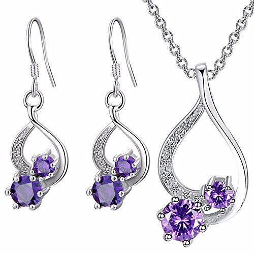 Majesto Juego de Joyas - 925 Plata esterlina Conjunto Colgante de Collar y Pendientes corazón Morado Cristal para Mujer Adolescente niña pequeña mamá - Accesorio de joyería de Regalo Premium