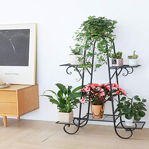 Malayas Estantería Decorativa de Hierro para Macetas Soporte de Flores Plantas para Exterior Interior Jardín con 6 estantes 77×26×72cm Color Negro