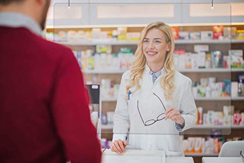 Mampara colgante de metacrilato mostrador. Pantalla protección TRANSPARENTE para colgar farmacia tiendas hostelería gimnasio oficina (100 x 80)