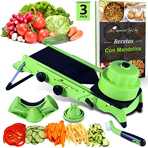 Mandolina de cocina Profesional - Cortador de Verduras en Espiral- eBook de Recetas - Protector anticortes - Cuchillas no Intercambiables - Cepillo de Regalo - Spaghetti Vegetal