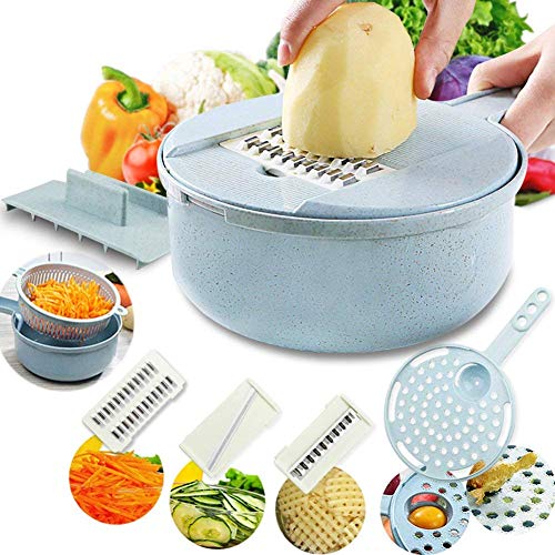 Mandoline Slicer Spiralizer, Cortador de Verduras Paja Trigo 8 en 1 Veggie Shredder Chopper Dicer con 4 cuchillas/Separador de Huevo/Grinder Rallador/Food Colador/Bowl Bowl Pasta Maker,Blue