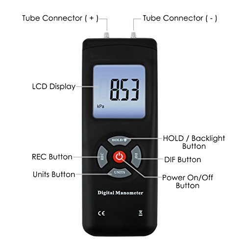 Manómetro Digital Profesional, Medidor Portátil Portátil De Medidor De Vacío De Aire 11 Unidades Con Retroiluminación, ± 13.78kPa ± 2PSI