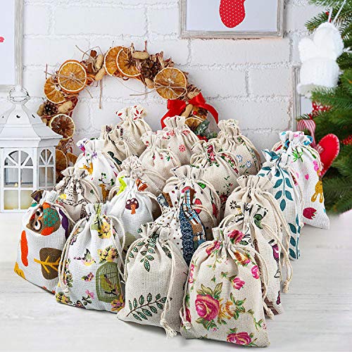 Maojuee 20 Piezas Bolsa de Cordón de Algodón y Lino Para Guardar Regalos Bolsa de lino de algodón Impresión Floral Bolsas de Arpillera 10×14 CM (A)