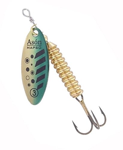 MAPSO - Pack de 5 Cucharillas de Pesca ASÓN-3 ONV | Cebo Artificial de Pesca con Palas con Ángulo de 30º para Trucha/Salmón/REO, Color Oro Negro Verde, 8gr