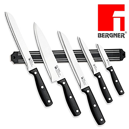 Masterpro 8920 - Juego de 5 cuchillos de cocina de acero inoxidable con barra magnética para colgar cuchillos y soporte magnético para cuchillos