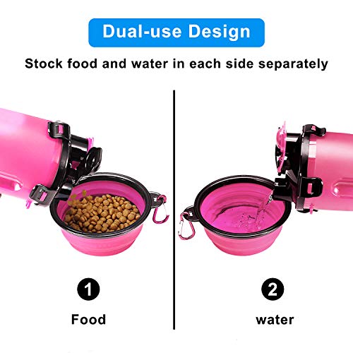 MATT SAGA Botella de Agua para Perros Portatil Envase de Comida para Perros con 2 Plegable Tazones para Perros Gatos Mascotas Adecuado para al Aire Libre Caminar Viajar (Rosa)