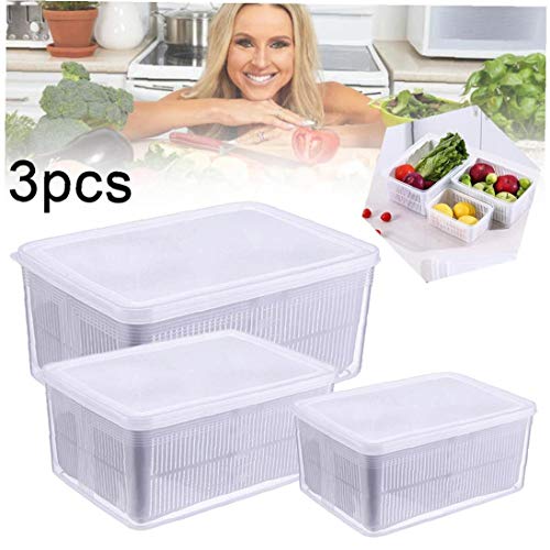 MaylFre Caja De Almacenamiento Frigorífico Conjunto, De 3 Piezas Desagüe De La Cocina Cesta De Plástico Fresco De Mantenimiento De La Caja Transparente Multifuncional Caja De Almacenamiento Sea Food