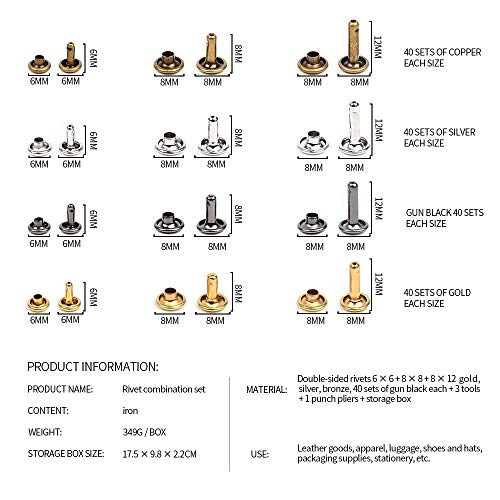 McNory Remaches de Cuero 480 piezas Remache de Doble Tapa 3 Tamaños con Kit de Herramienta de Fijación para Artesanía de Cuero Reparación de Decoración 4 Color