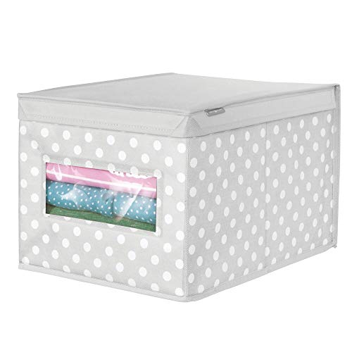 mDesign Caja con tapa grande con estampado de puntos – Cajas apilables para guardar ropa o zapatos – Cajas para armarios con tapa y ventana – gris/blanco