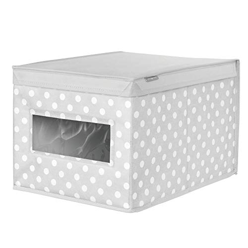 mDesign Caja con tapa grande con estampado de puntos – Cajas apilables para guardar ropa o zapatos – Cajas para armarios con tapa y ventana – gris/blanco