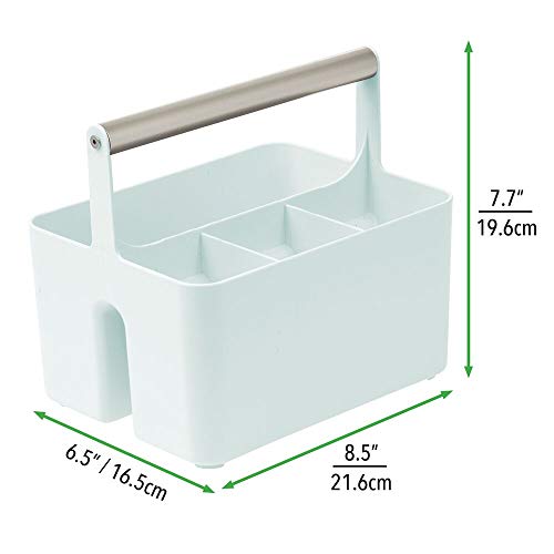 mDesign Caja organizadora para cuarto de baño – Práctica cesta con asa para el almacenamiento de cosméticos – Organizador de baño portátil con 4 compartimentos – verde menta/plateado mate