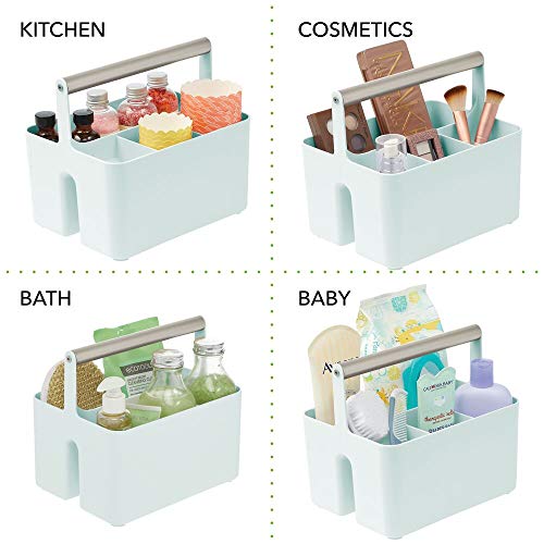 mDesign Caja organizadora para cuarto de baño – Práctica cesta con asa para el almacenamiento de cosméticos – Organizador de baño portátil con 4 compartimentos – verde menta/plateado mate