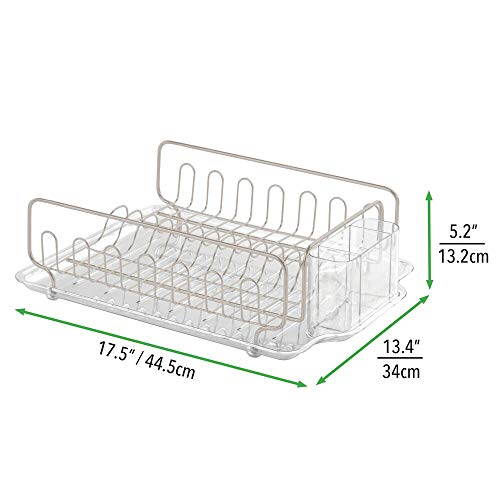 mDesign Escurridor de platos de acero inoxidable y plástico – Rejilla escurreplatos para la vajilla – Fantástico secaplatos con bandeja para 12 platos y cubiertos – transparente/plateado mate