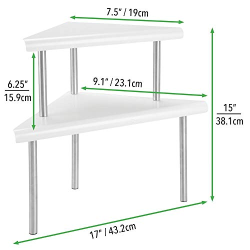 mDesign Estantería esquinera con 2 niveles – Baldas de cocina para rincones de encimeras e interiores de armarios – Estantes de metal y acero con 2 alturas para la cocina – blanco mate y plateado mate