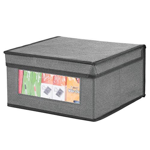 mDesign Juego de 4 Cajas organizadoras apilables – Gran Organizador de armarios con Ventana para despacho, Dormitorio o Sala de Estar – Caja con Tapa de Fibra sintética – Gris y Negro