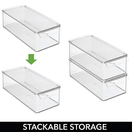 mDesign Juego de 4 Cajas organizadoras con asa y Tapa abatible – Pequeño Organizador de Escritorio de plástico para Material de Oficina – Caja apilable Rectangular para despacho – Transparente