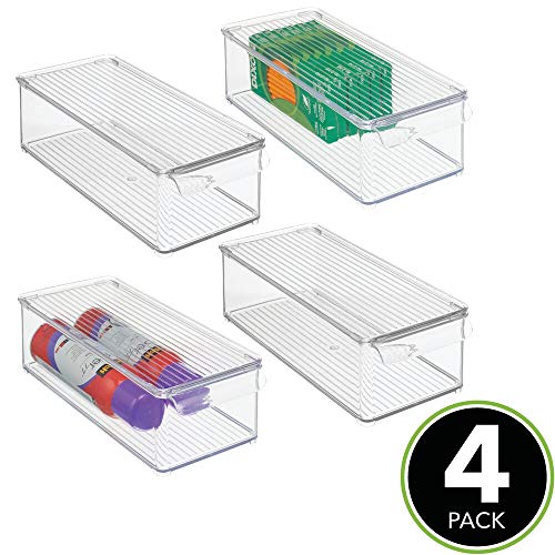 mDesign Juego de 4 Cajas organizadoras con asa y Tapa abatible – Pequeño Organizador de Escritorio de plástico para Material de Oficina – Caja apilable Rectangular para despacho – Transparente