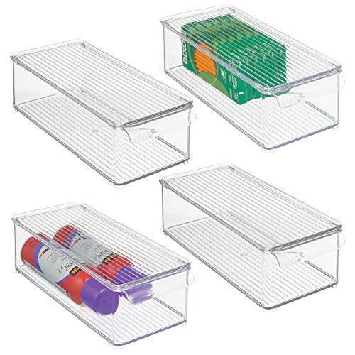 mDesign Juego de 4 Cajas organizadoras con asa y Tapa abatible – Pequeño Organizador de Escritorio de plástico para Material de Oficina – Caja apilable Rectangular para despacho – Transparente