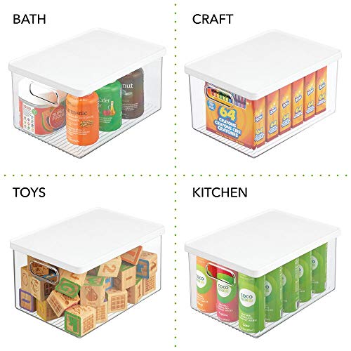 mDesign Juego de 4 cajas organizadoras de plástico – Recipiente para guardar alimentos con tapa y asas – Organizador para nevera, cocina y despensa apto para alimentos – transparente/blanco