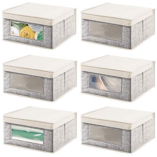 mDesign Juego de 6 Cajas organizadoras apilables – Gran Organizador de armarios con Ventana para despacho, Dormitorio o Sala de Estar – Caja con Tapa de Fibra sintética – Gris/Crema